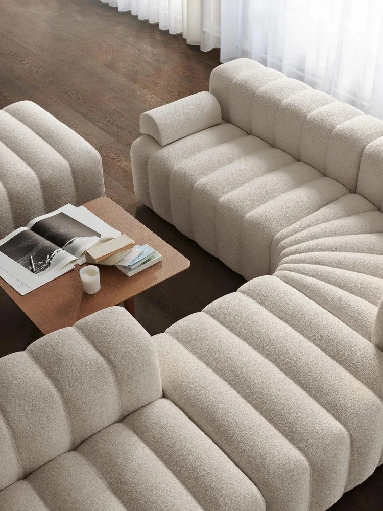 French Style Mid-Ancient Cream White Fabric Module Sofa Piano Keys Silent Wind Arc Corner Sofa Combination Living Room