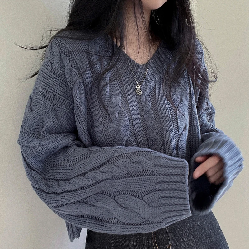 Blue V Neck Short Knit Pullovers Women Fall Winter Casual Loose Long Sleeve Sweater Top 3 Colors