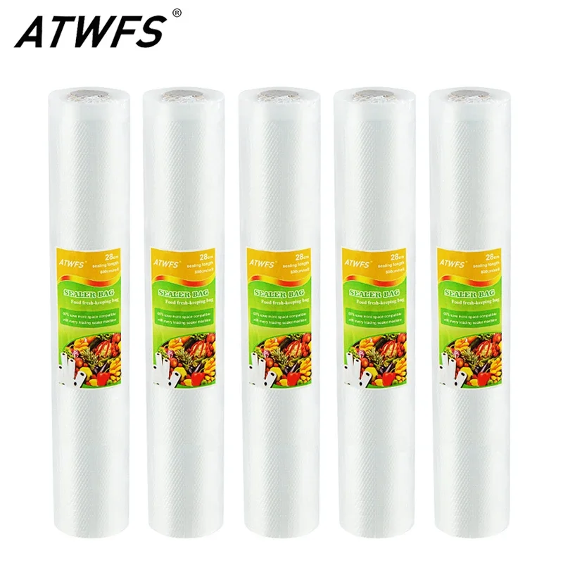 ATWFS 5 Rolls/lot Vacuum Sealer Bag Packaging Sealing Machine Packer Container Packing Bags for Food Saver 12/17/20/25/28*500cm