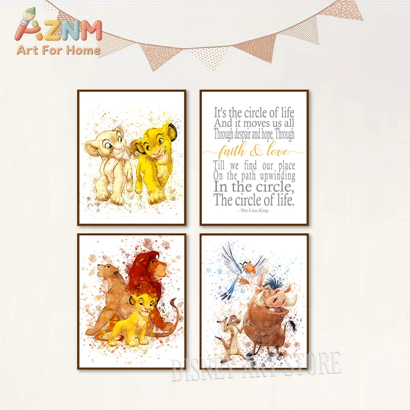 

AZNM Disney The Lion King Simba Nala, холст с акварельным принтом, классическая иллюстрация пары из «Королевства Львов», декор для стен, Splatter Pai