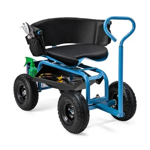 Garden Seat with Wheels, Rolling Gardening Stool with Adjustable 360° Swivel Seat, Tool Tray & Storage Basket