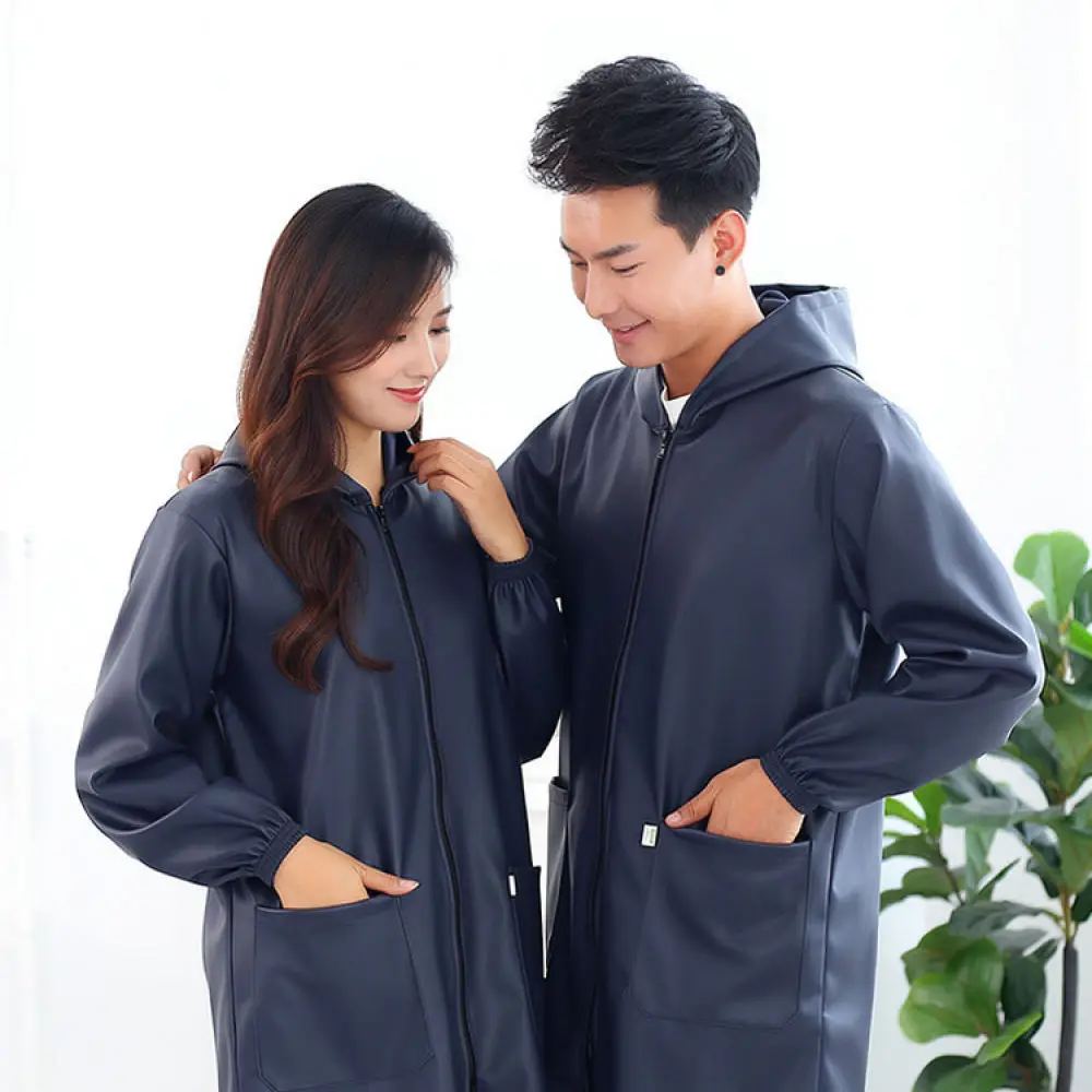 PU Leather Kitchen Apron Long Sleeve Waterproof Smock Oil Resistant Cleaning Uniform Thickened Soft Durable Home Workwear