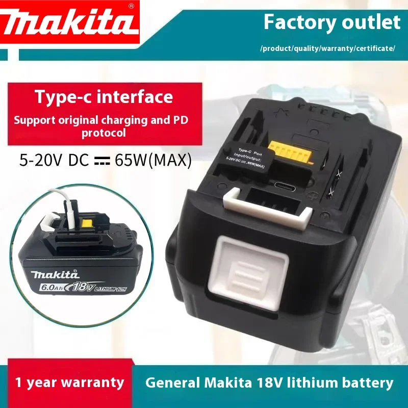 

Литиевая батарея Makita 18 В, 6 Ач, с портом Type-c, вход/выход 65 Вт, подходит для Makita BL DTD DTW DAS DDF TW GA TD в моделях