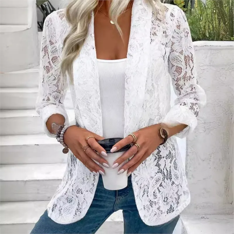 

Stylish Black White Lace Hollow Out Open Stitch Suit Blouse Solid Long-sleeved Lapel Cardigan Shirt Jackets Office Ladies Coat