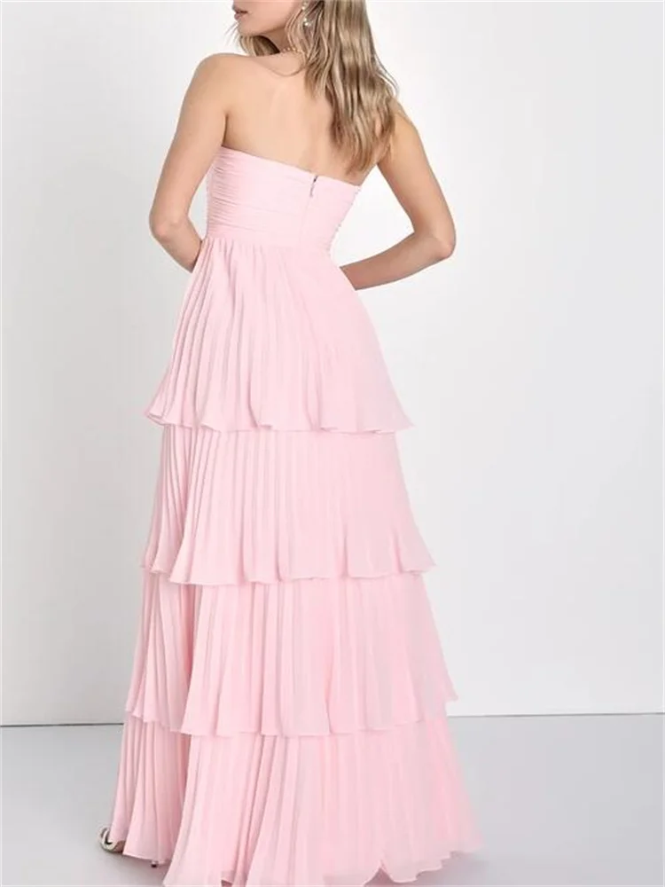 Sexy Backless Chiffon Pink Ruffle Women's Long Dresses Fashion Loose Floral Halter Summer Chic Ladies Vacation Street Robe