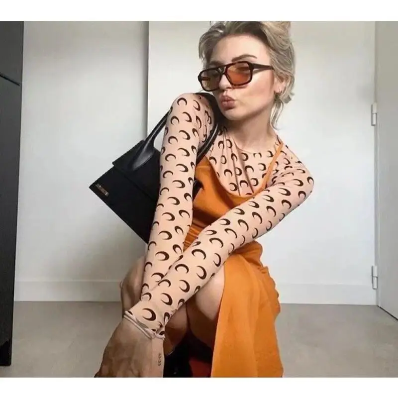 

Женская футболка с лунным принтом и длинным рукавом в стиле ретро, облегающий базовый топ, уличная мода, многослойная защита от солнца, ледяной шелк, внутренняя часть