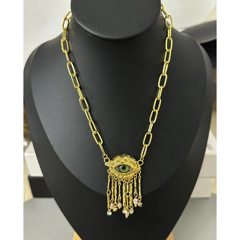 Retro Exaggerated Devil's Eye Sparkles Rhoditone Pearl Tassel Earrings for Women Luxury Fashion Jewelry