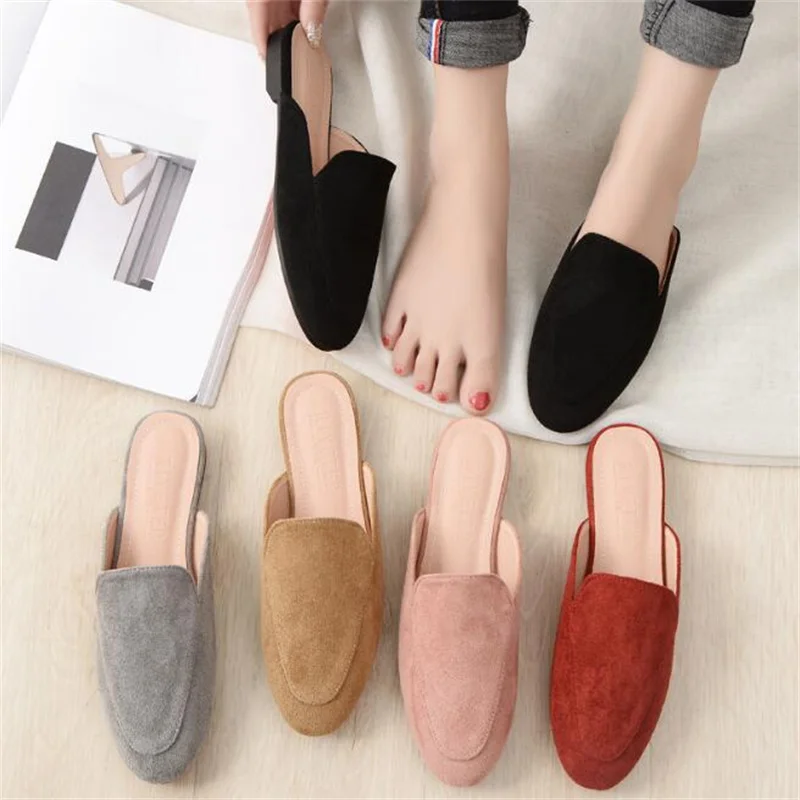 Women Mules Slipper High Quality Soft Suede Round Toe Slipper Slip On Outdoor Sandal Causal Flat Heel Slides