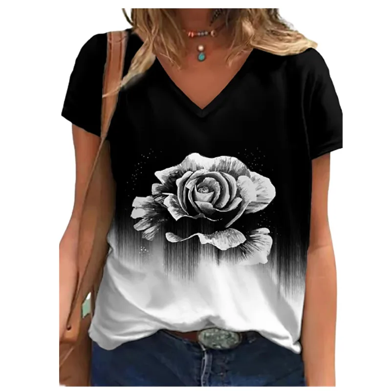 Camiseta gráfica rosa feminina, estampa 3D, manga curta, pulôver extragrande, tops Harajuku, roupas casuais, camiseta feminina, verão, nova