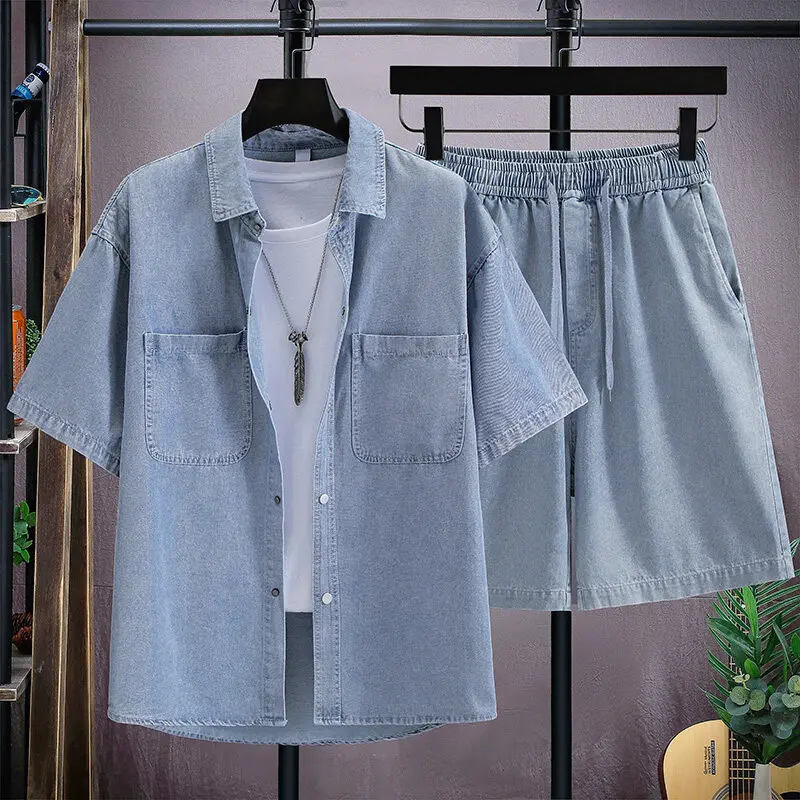 Set Kemeja & Celana Pendek Denim Klasik Pria 2025 - Pakaian Musim Panas 75% Katun, Bernapas & Menyerap Keringat ​   M-4XL