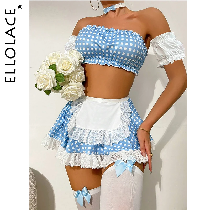 

Ellolace Halloween Sexy Female Lingerie Cute Maid Plaid 6PC Set Student Cosplay Party Costume