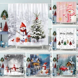 Snowman Christmas Tree Shower Curtain Merry Christmas Gift Polyester Fabric Home Shower Curtain Bathroom Decoration with Hooks