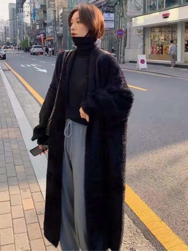 Women's Long Cardigan Mink Fur Fluffy Knitted Sweater Coat Open Front Oversized Thick Warm Casual Fall Winter Outerwear Top