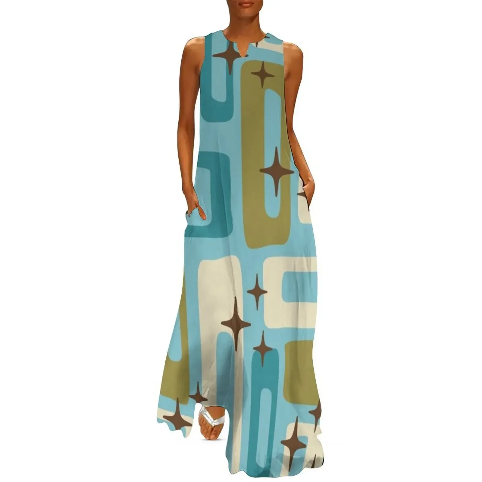 

Retro Mid Century Modern Abstract Pattern 992 Blue Khaki Beige Long Dress clothes for woman Dress
