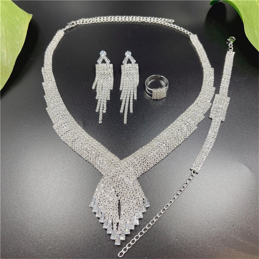 4pc Luxury Rhinestone Earrings Necklace Ring Bracelet Set