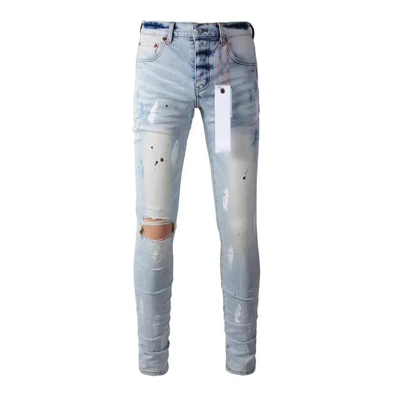 Purples jeans Men High street blue do vintage high quality repair low elevation brand skinny hold denim trousers pants