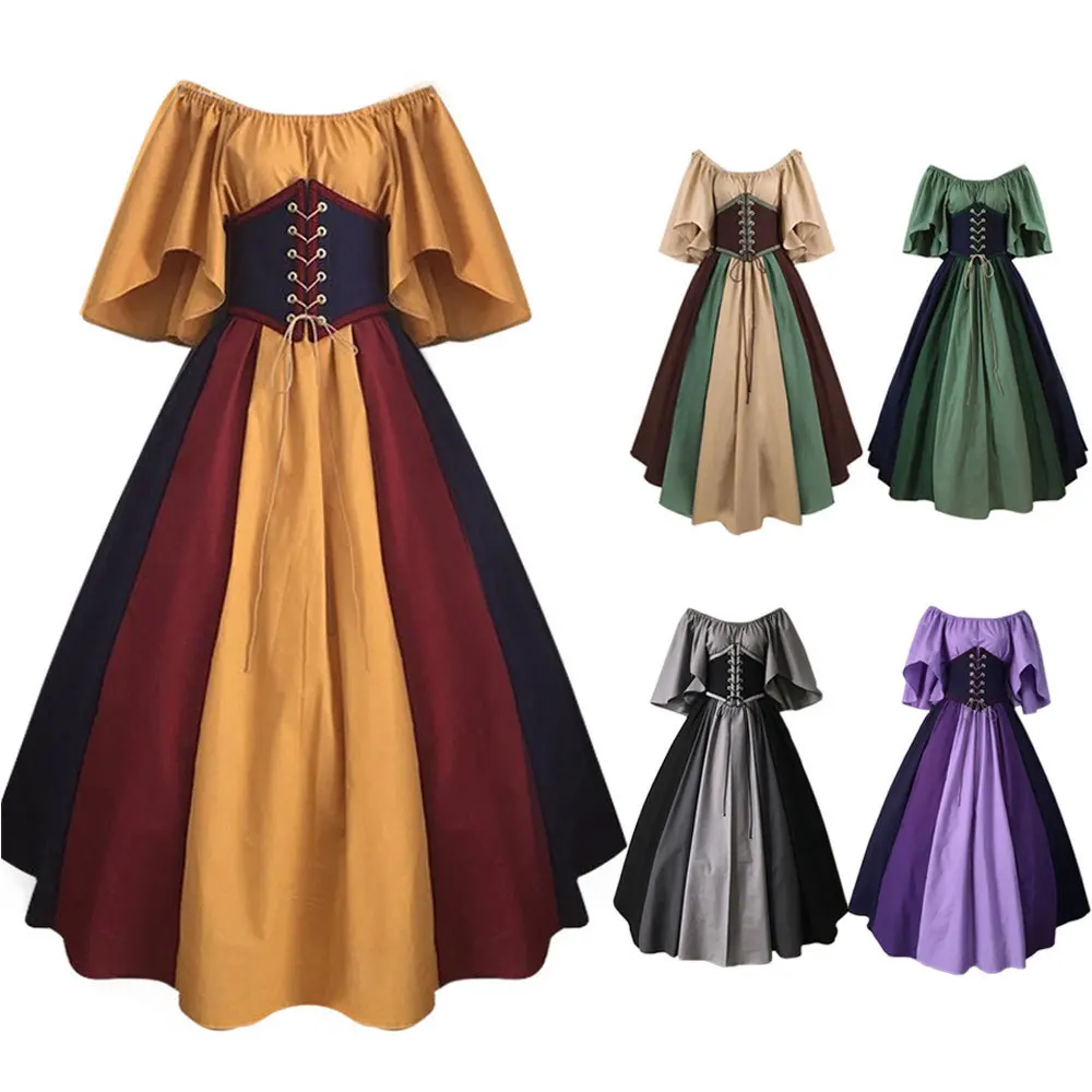 Medieval Retro Contrasting Color Dresses Patchwork Fly Sleeved Lace Up Dress Cosplay Costume Halloween Cosplay Clothing