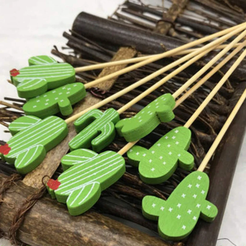 100 Pieces/Pack Cute Cactus Fruit Sticks Art Dessert Sticks Dessert Forks Convenient Fruit Bamboo Skewers Cocktail Decoration