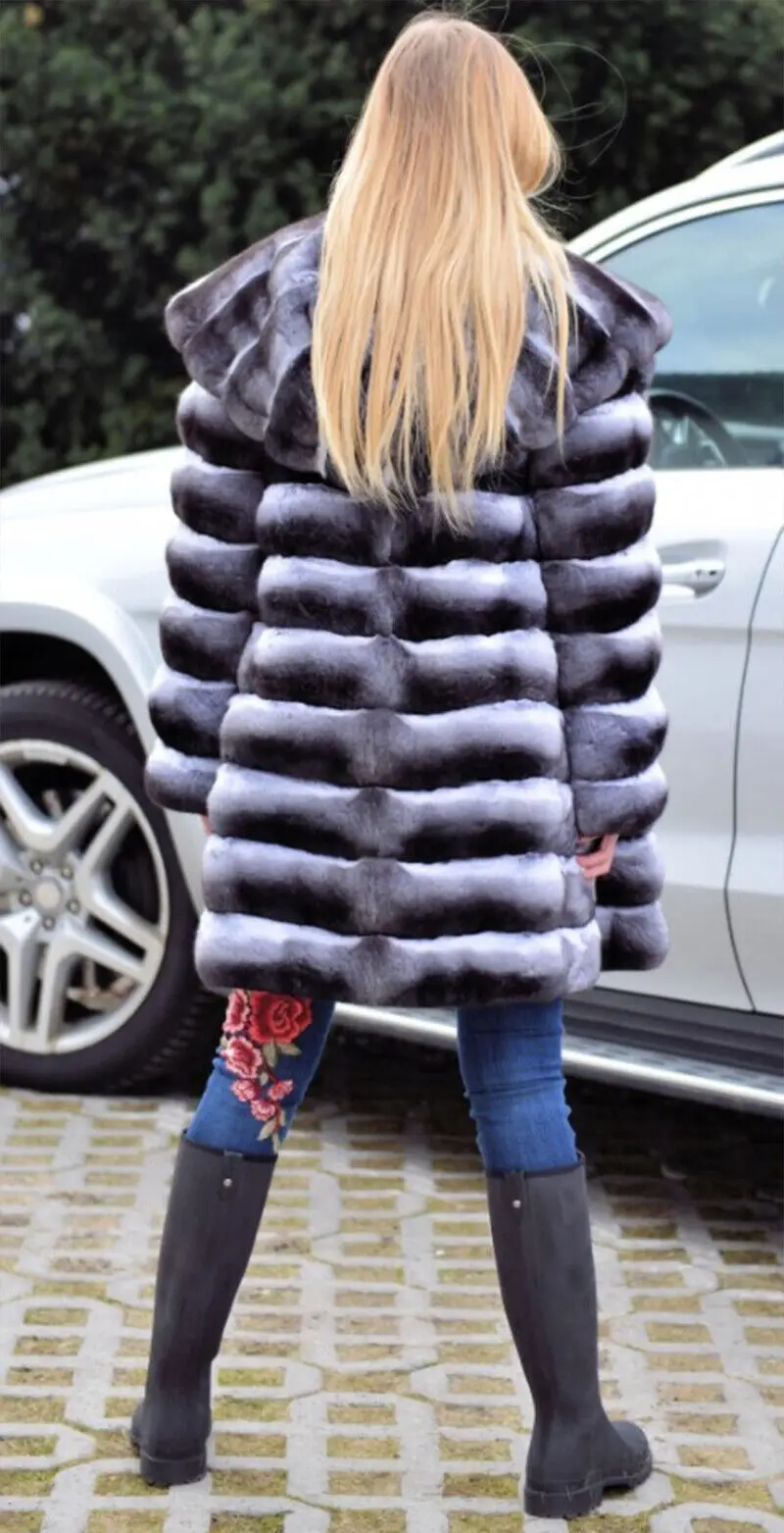 Women Real Rex Rabbit Fur Coat Fashion Chinchilla Hooded Jacket Winter Thick Natural Fur Warm Overcoat Lady Genuine Fur Outwear