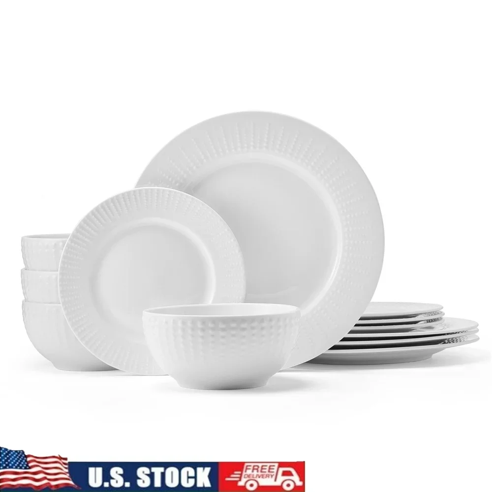 

12 Piece Dinnerware Set Embossed Porcelain White Casual Tableware Four Dishwasher Microwave Safe Modern Dining Essentials