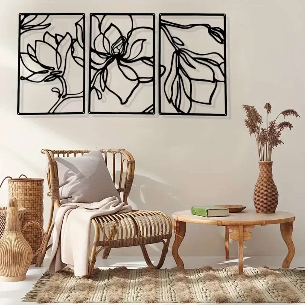 Metal Flowers Wall Decor Modern Abstract Nature Floral Line Sculpture, Minimalist Design, Stylish Metal Hanging Wall Sticker