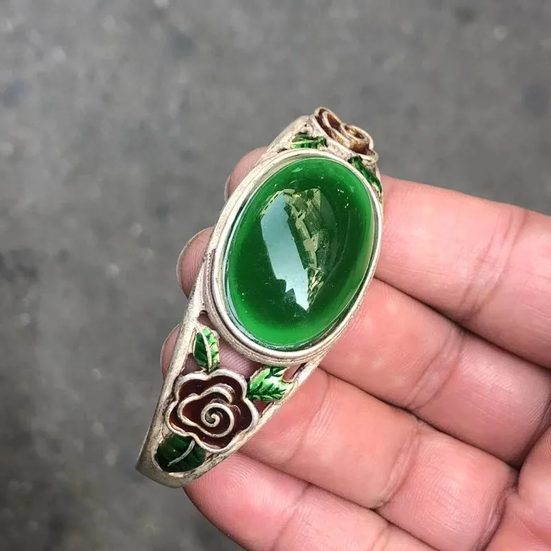

Antique Imitation Qianlong Period Tibetan Silver Bangle, Cloisonne Inlaid Emerald Vintage Retro Fashion Bracelet Jewelry