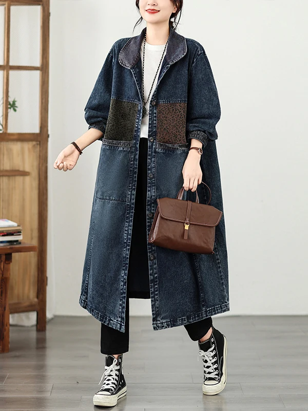 Loose Oversized Mid-Length Denim Jacket Autumn Outerwear Women's Casual Style Splicing Design Long Sleeve round Neck Coat