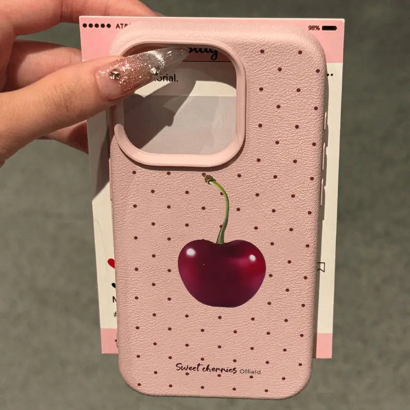 Sweet Red Polka Dot Cherry Fashion TPU Imitation Leather Phone Case For iPhone 16 Plus 15 14 13 12 11 Pro Max Shock-absorbing