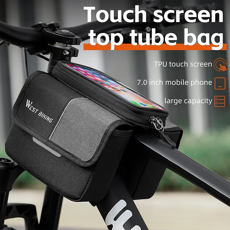 WEST BIKING-Bolsa de ciclismo para cuadro de tubo delantero, funda de teléfono de 7,0 pulgadas, almacenamiento con pantalla táctil, accesorios para