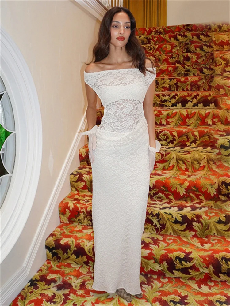 Przezroczysta Koronkowa Sukienka Bodycon Maxi z Wycięciami dla Kobiet Bez Pleców Sexy Odkryte Ramiona Elegancka Długa Sukienka Szykowny Strój Wieczorowy na Imprezę