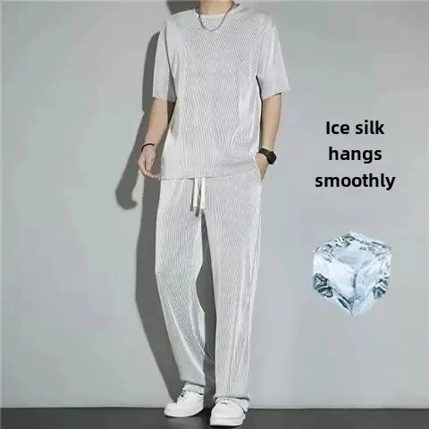 

High-End Ice Silk Men's Sports Suit Casual Home Use Long Pants Short Sleeves Quick Drying Top Set Summer Collection