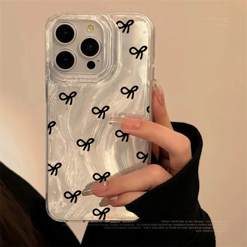 Ins Korean Mini Bow knot Laser Silver Phone Case For iPhone 11 13 14 15 Pro Max 12 Mini Cases iPhone 7 8 Plus XS XR Phone Cover