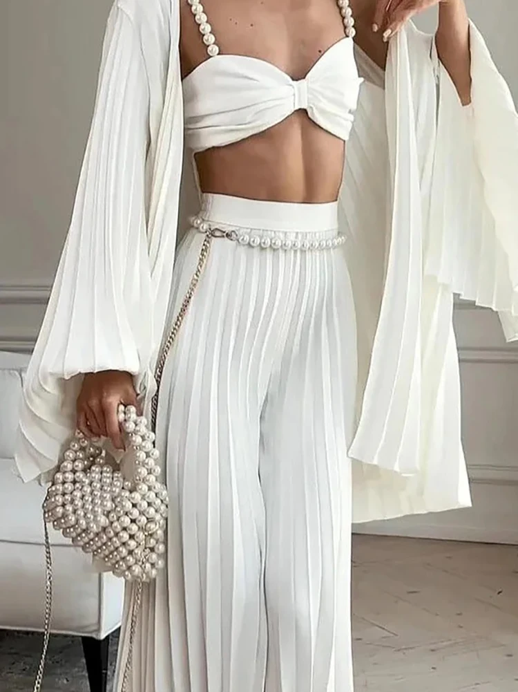 

Женские повседневные свободные вечерние костюмы с длинными рукавами, элегантные драпированные однотонные комплекты из трех предметов, сексуальный сексуальный жемчужный бюстгальтер, кардиганы и длинные брюки, наряды