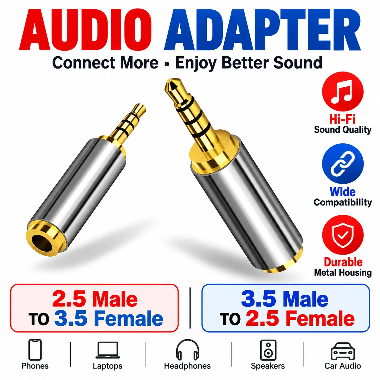 2pcs Jack 3.5MM To 2.5MM Audio Adapter 2.5MM To 3.5MM Plug Connector for Speaker Cable Headphones Micphone