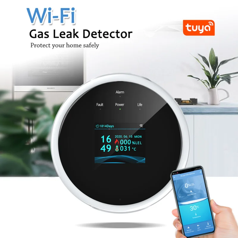 إنذار الغاز الذكي واي فاي إنذار السلامة الصوتية المكونات الأوروبية القياسية السلامة من الحرائق شاشة LCD رقمية عرض درجة الحرارة مناسبة للمنزل