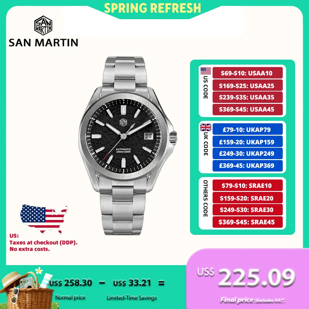 

San Martin 39mm Men Dress Watch Self-Wind Mechanical 3H Date New On The Fly Adjust Clasp BGW-X1 Lume Hombre Reloj SN0129C-2/3