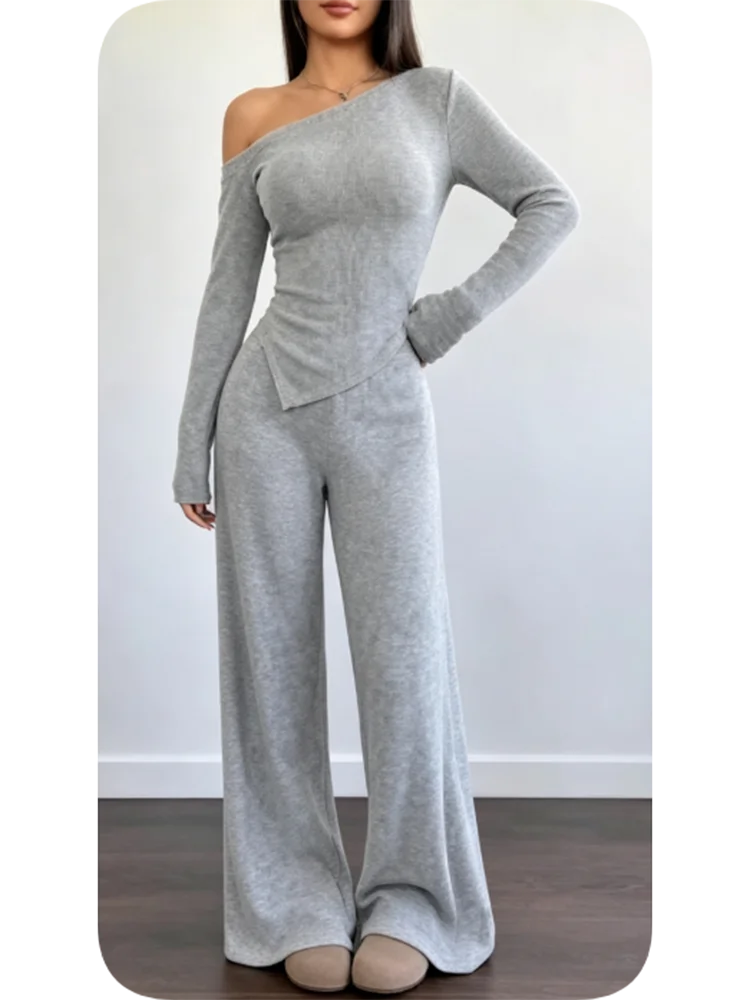 Lady Sexy Off Shoulder Sets Fashion Slim Diagonal Collar Long Sleeve Tops+Wide Leg Pants 2 Piece Set For Women Elegant Clothes