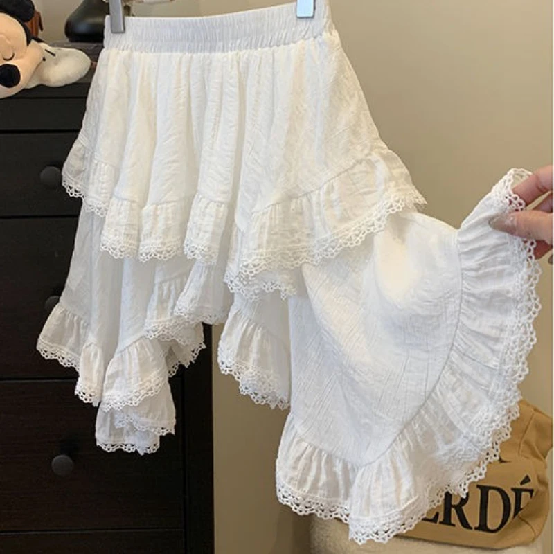 Korean Simple Fresh Solid Summer Literary Skirts Office Lady Patchwork Lace Lrregular Outdoor Casual Women Jupe Y2k Punk Skirt