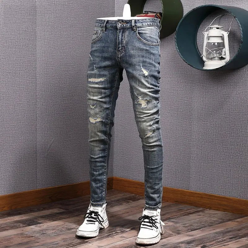Streetwear Fashion Men Jeans Retro Blue Stretch Elastic Slim Fit Ripped Jeans Men Vintage Designer Denim Pencil Pants Hombre
