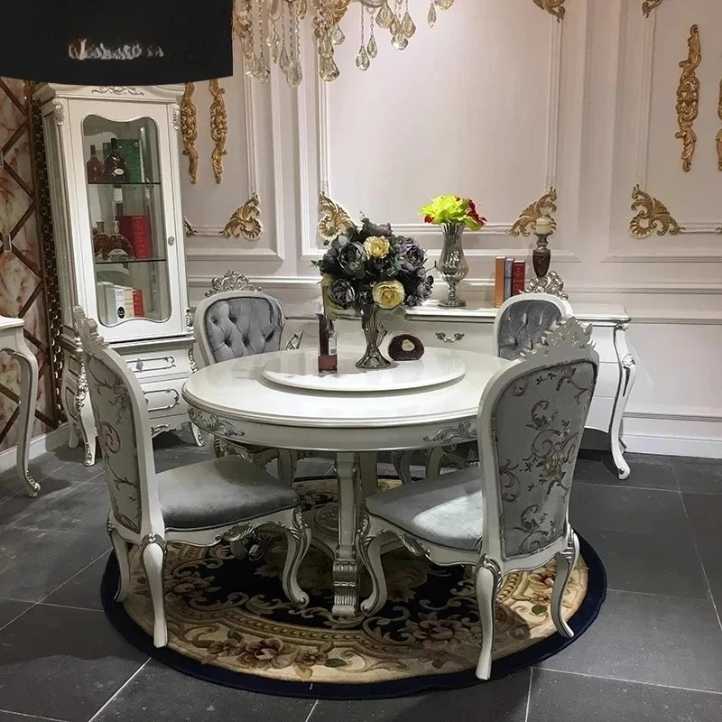 

ss25 French solid wood round dining table dining chair combination European court simple luxury carving
