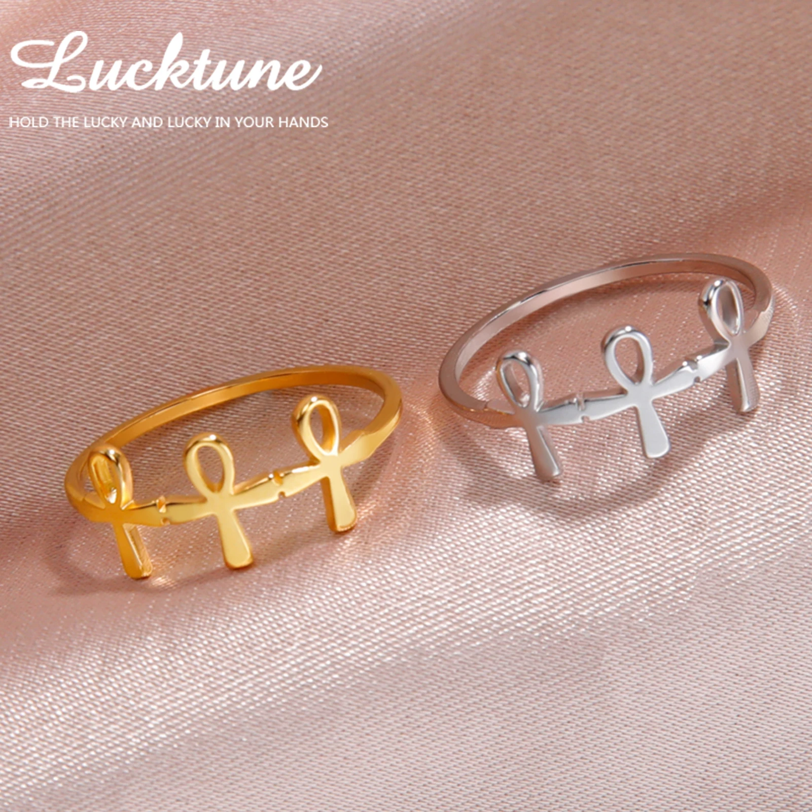 Lucktune Egyptian Ankh Cross Amulet Rings for Women Stainless Steel Key of Life Symbol Crucifix Finger Ring Vintage Jewelry Gift