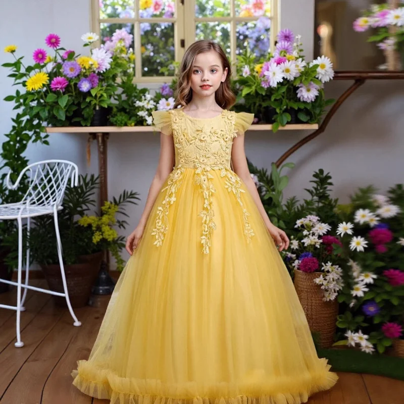 

Новое пышное тюлевое платье принцессы с длинными рукавами и вышивкой для выступлений на фортепиано для девочек