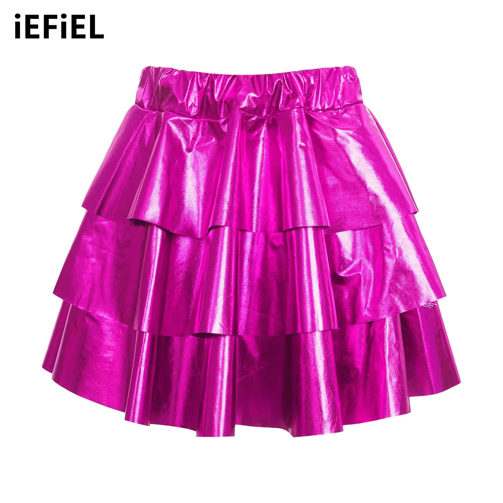 

Kids Girls Metallic Shiny Ruffle Skirt 3 Layers Elastic Waistband Tiered Skirts for Carnival Dance Stage Performance