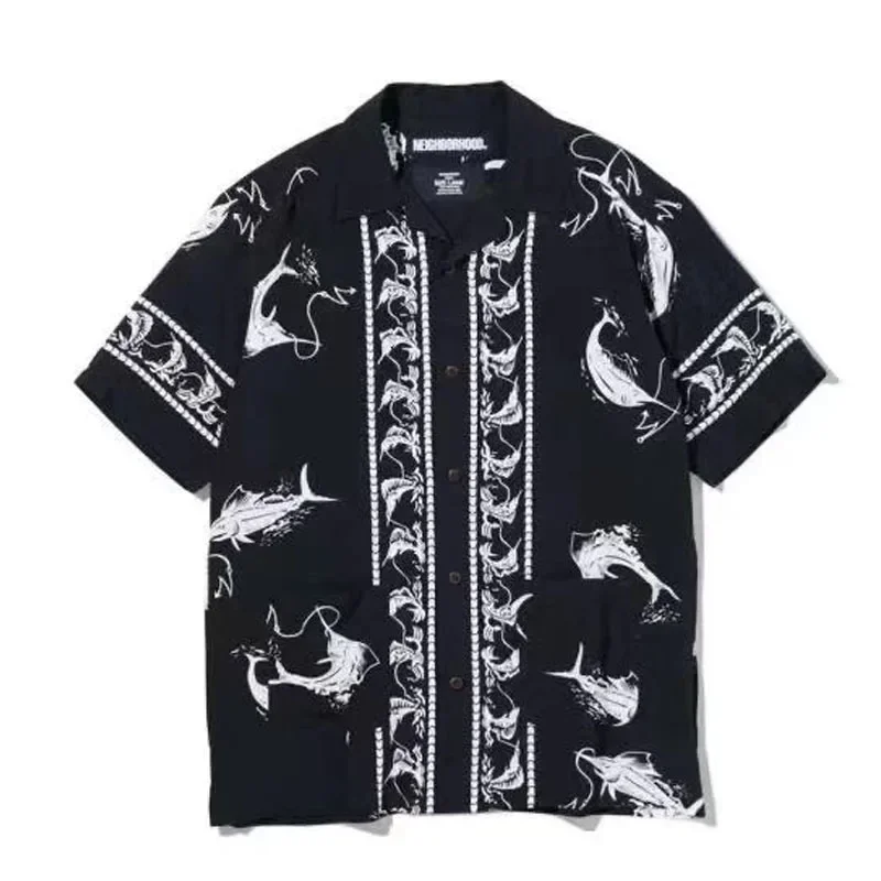 Neighborhood21ss Swordfish Shirt for Men Summer Short Sleeve Cardigan Loose Hawaiian Print New Arrival Style