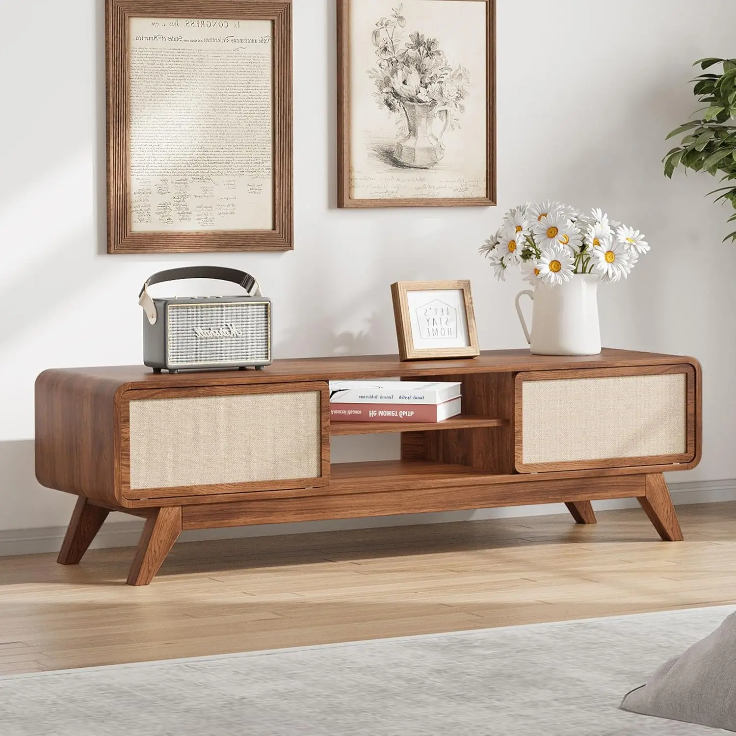 

Mid Century Modern TV Stand for TVs up to 65'', Farmhouse Entertainment Center with Storage, TV Cabinet Table with Linen Doors