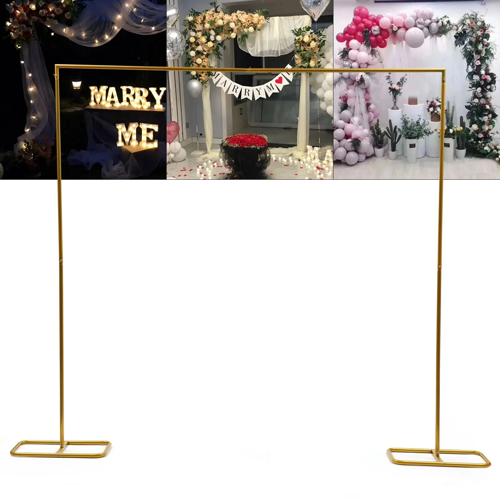 2*2.1M Gold Wedding Arch Door Square Metal Flower Rack with Bases Background Decorative Frame for Wedding Birthday Party Decor