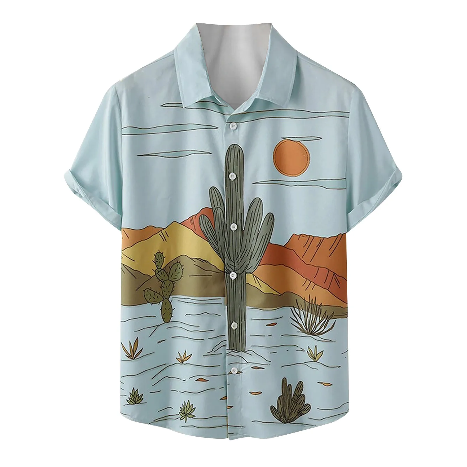 2023 Summer Hawaiian Shirt Designer Men Cactus Desert Landscape Print Shirts Tropical Plant Short Sleeve Blouse Vintage Camisas