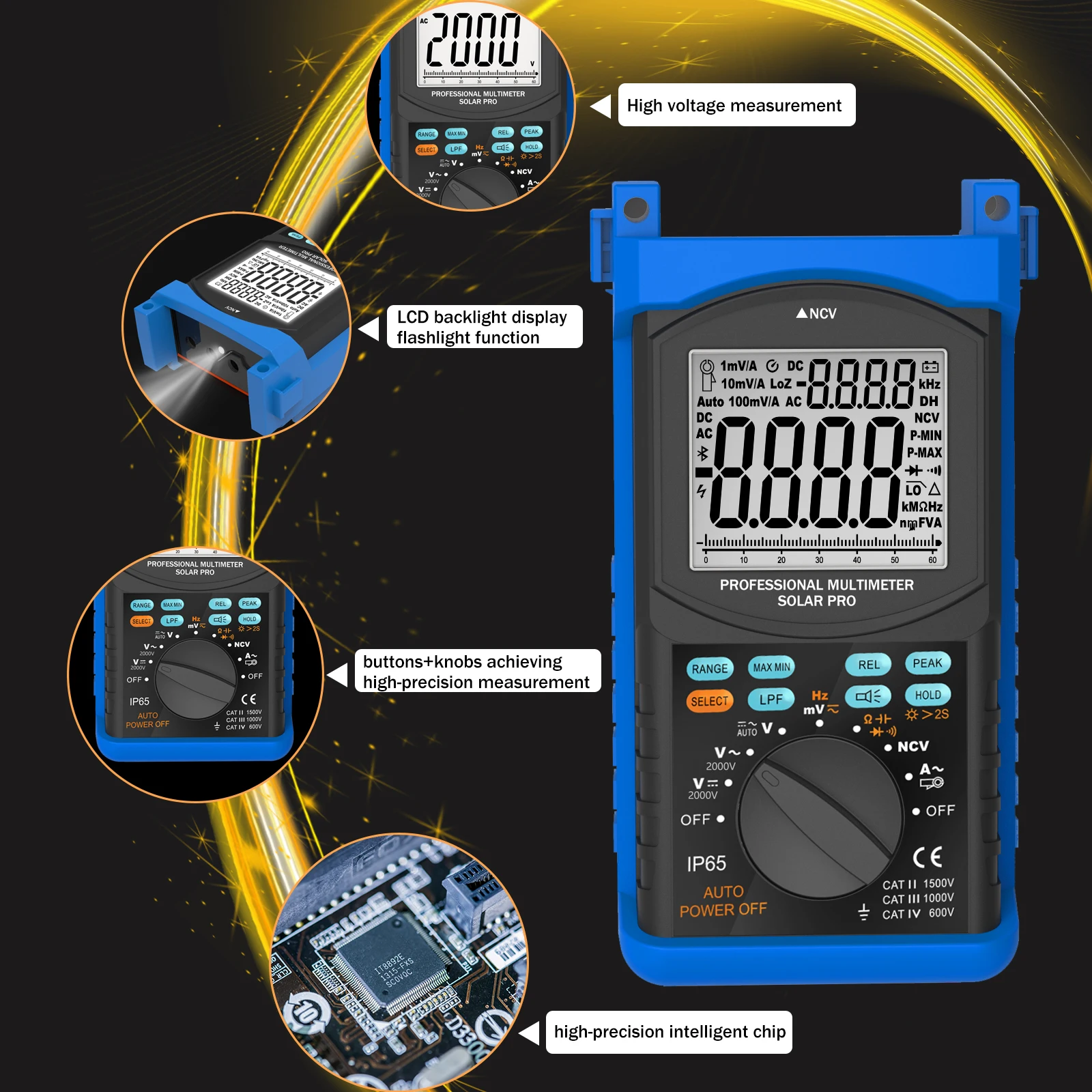 Solar Digital Multimeter for PV Systems with True RMS, 2000V AC/DC Voltage, 6000 Counts, NCV and Low Pass Filter, HoldPeak 6688T