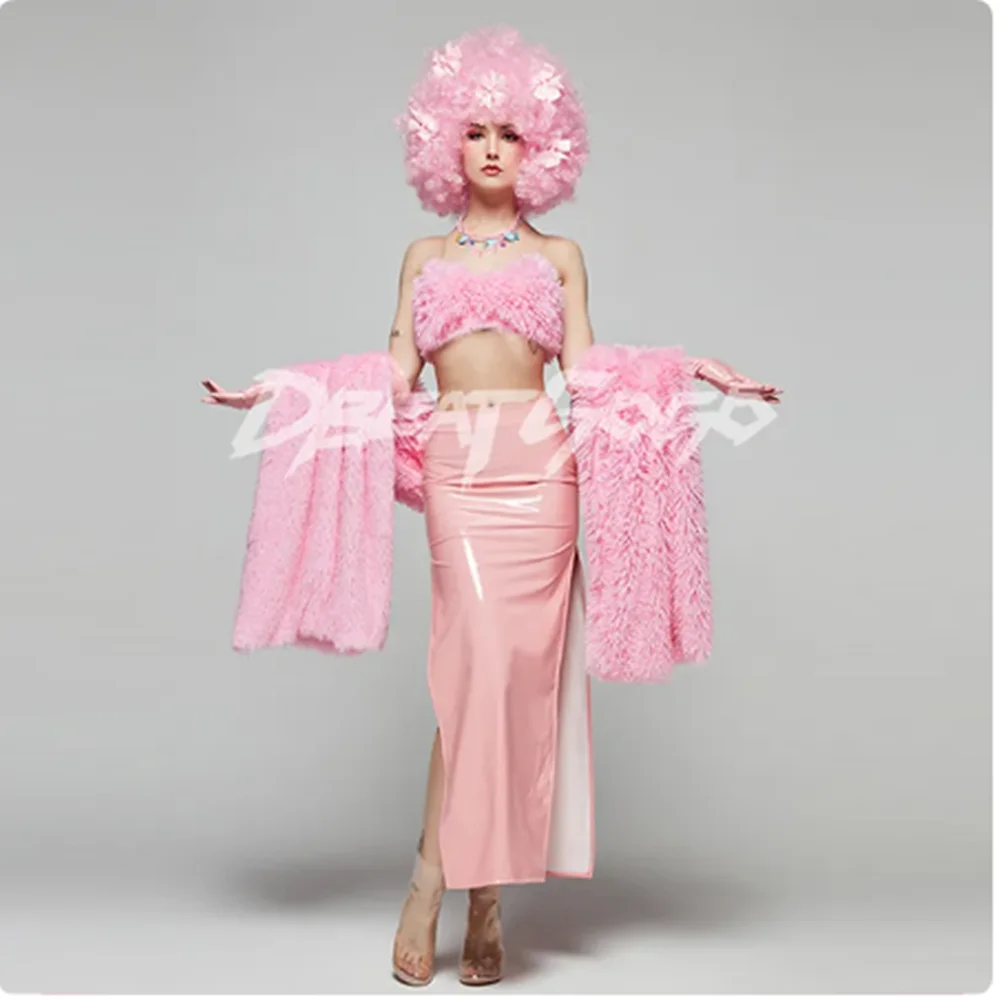 2023 New Singer Stage Costume Plush Shawl Exaggerated Wig Pu Leather Skirt Nightclub Gogo Dancing Clothes Rave Outfit