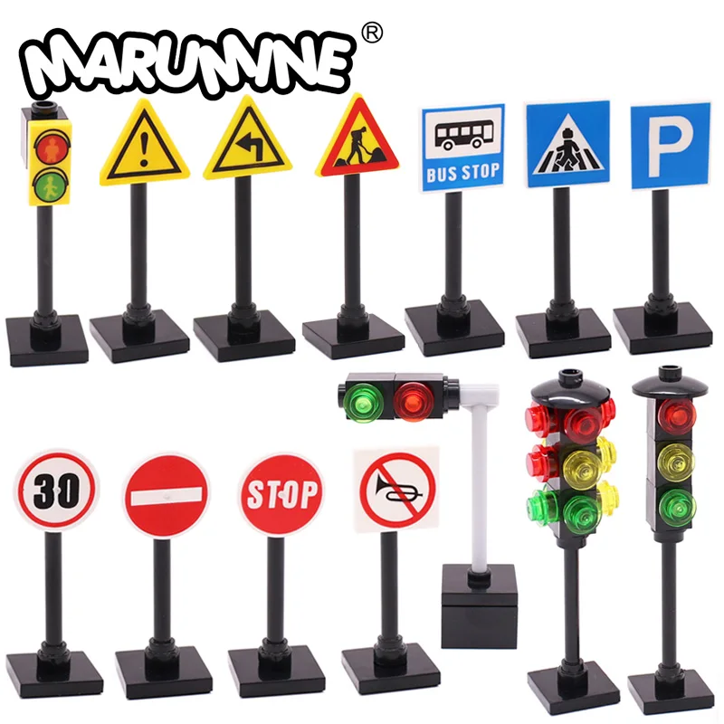 

Marumine Traffic Road Sign Light Lamp Block Brick City Street View Accessories Signpost Barrier Speed Limit Indicator Warning